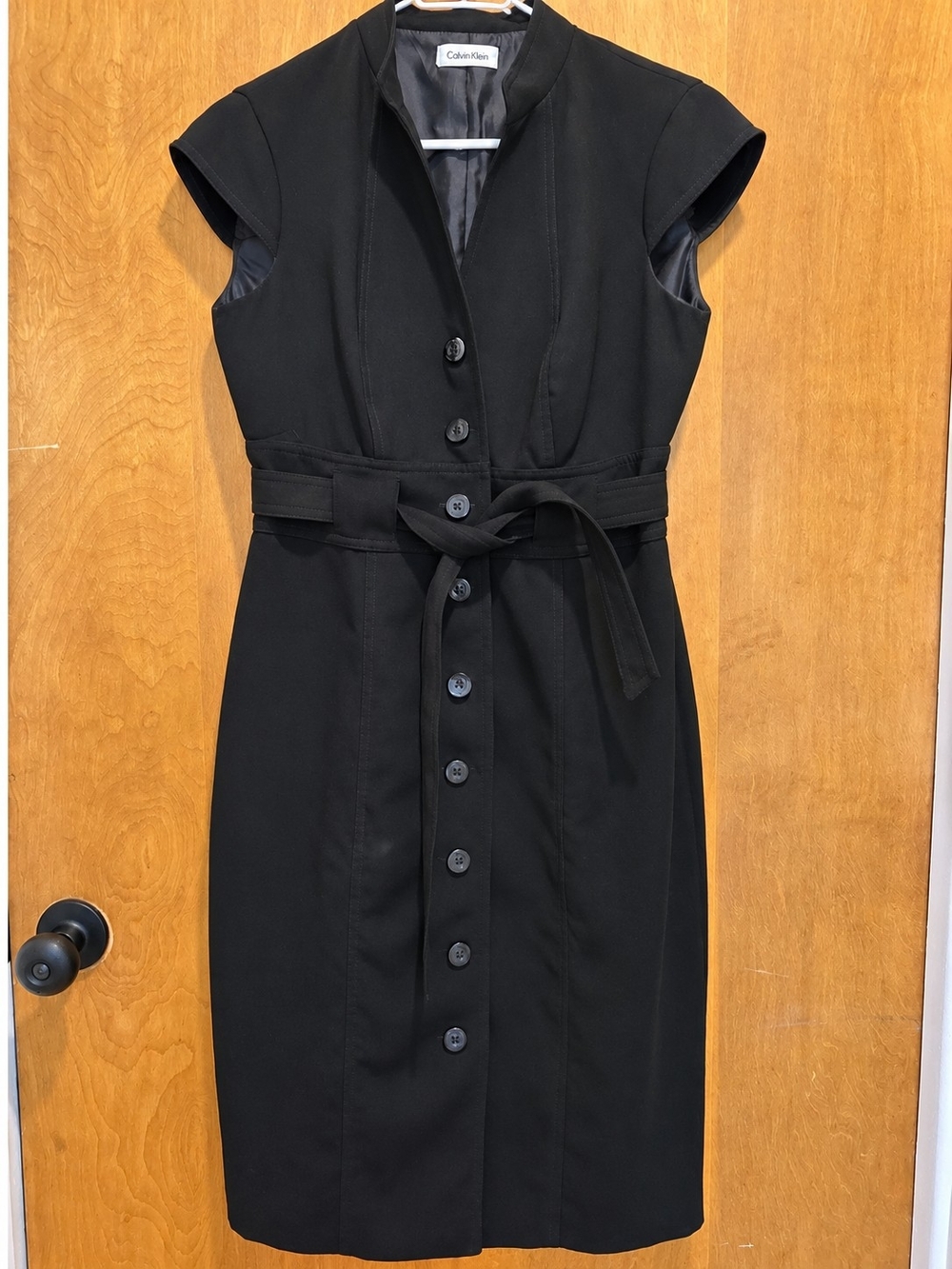 Calvin Klein Black Cap-Sleeve Button-Front Tie-Waist Dress